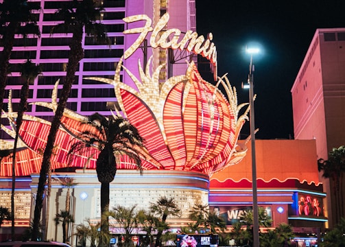 A brightly lit casino with neon lights in vibrant red, pink, and blue, featuring a large flamingo signage. Palm trees are visible in the foreground with vehicles passing by on the street at night.